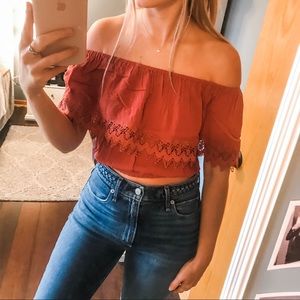 Rust Lace Detailed Off-the-shoulder Crop Top